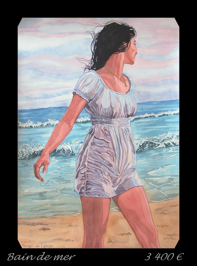 Titre de l'Oeuvre: Bain de mer Taille: 50 x 70 cm Technque: aquarelle Merci de m'envoyer un mail si vous souhaitez acheter ce tableau